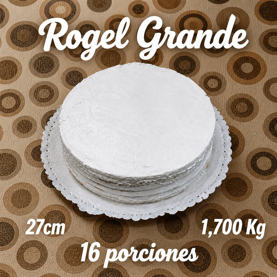 Una torta rogel tamaño grande vista en perspectiva. 